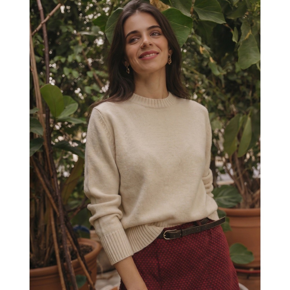 Zara Cream Crew Neck Sweater Ribbed Sleeves Wool Blend
